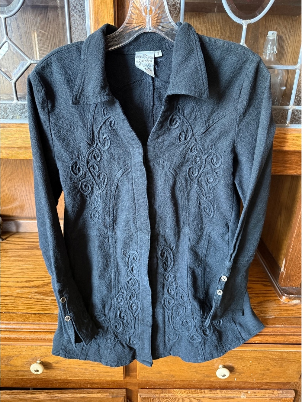 Parsley & Sage Women's Small Black Embroidered Long Sleeve Button Up Jacket Top
